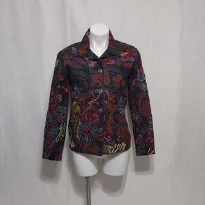 Chico’s Embroidered Floral Boxy Denim Jacket 0 Boho Festival Indie Retro Chic 0